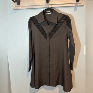 Glamorous Petite Long Sleeve Flare Shirt Dress in Black with Crochet Detail